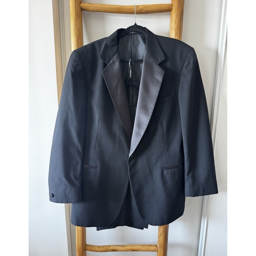 After Six Black Tuxedo Suit Set 42L Jacket & 36-38R Pants Satin Lapels
